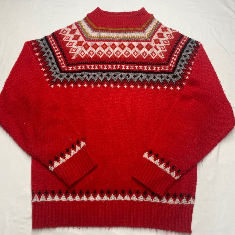 Vintage Ski Internationale by Arrow Red Fair Isle Mock Neck Sweater Mens Medium